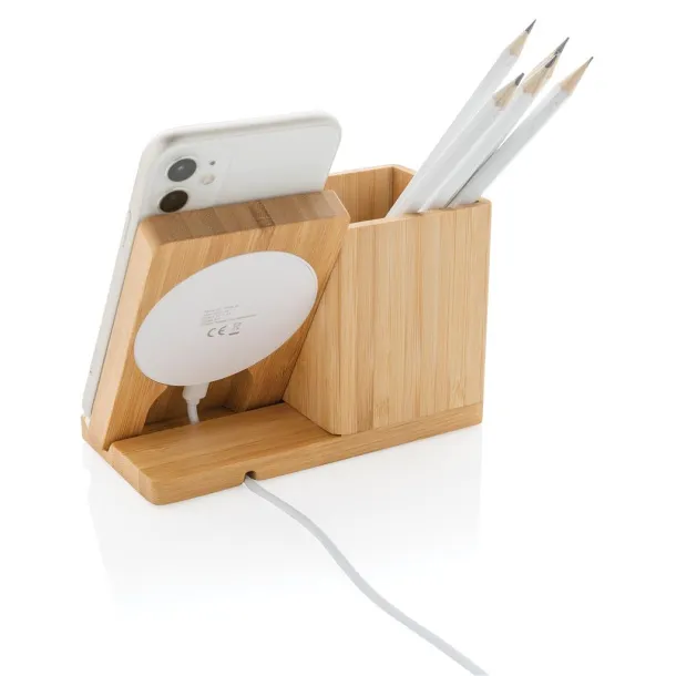 Calgary bamboo 5W wireless charger with pen holder Brown
