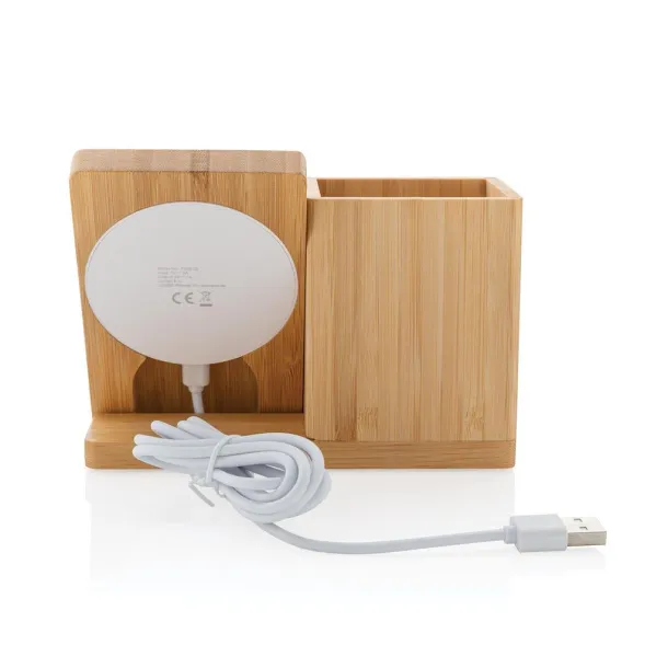  Calgary bamboo 5W wireless charger with pen holder Brown