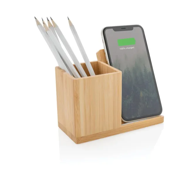  Calgary bamboo 5W wireless charger with pen holder Brown