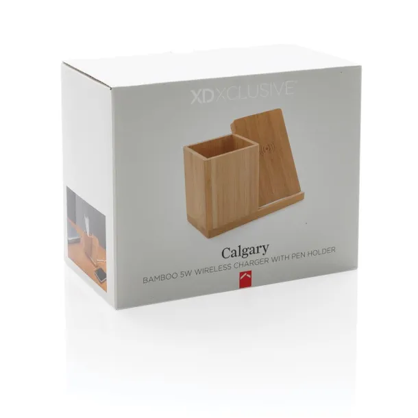  Calgary bamboo 5W wireless charger with pen holder Brown