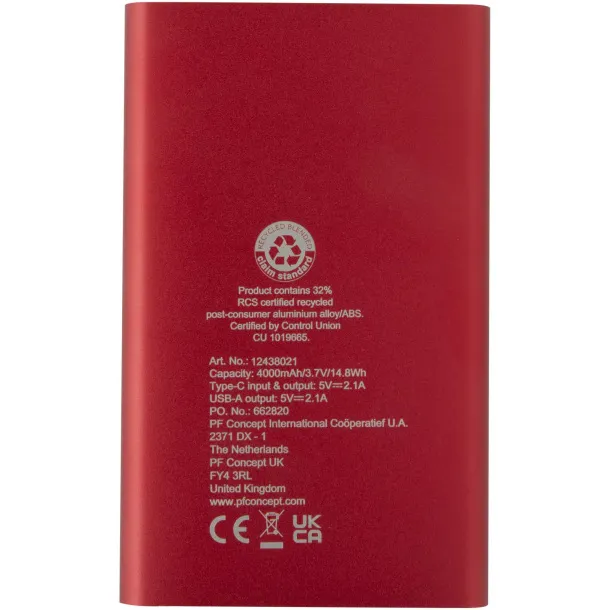 Pep 4000 mAh Type-C recycled aluminium power bank - Unbranded Red