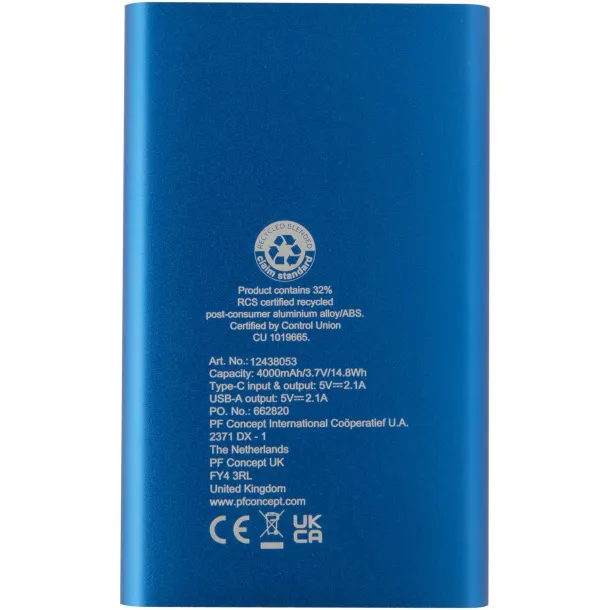 Pep 4000 mAh Type-C recycled aluminium power bank Royal blue