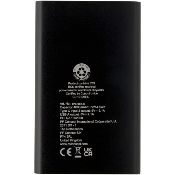 Pep 4000 mAh Type-C recycled aluminium power bank Crna