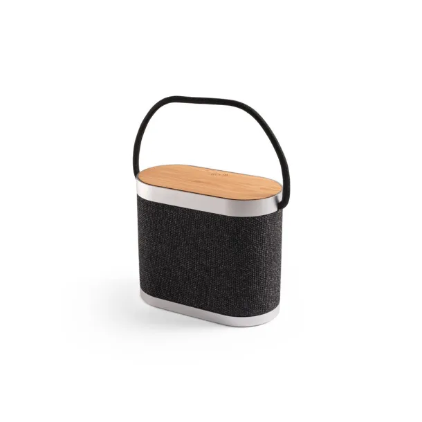 GUETTA 5W portable speaker with super-fast 15W wireless charger and 2h battery life made of bamboo and 100% rPET Dark grey