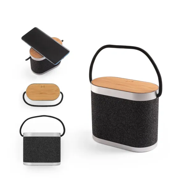 GUETTA 5W portable speaker with super-fast 15W wireless charger and 2h battery life made of bamboo and 100% rPET