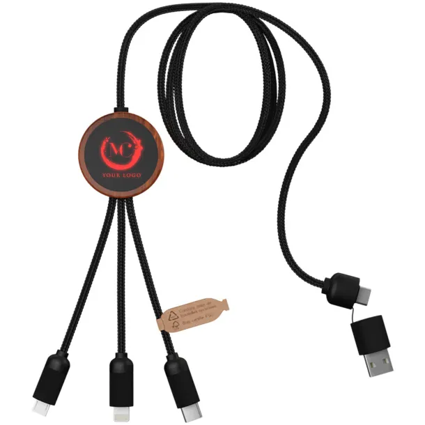 SCX.design C37 3-in-1 rPET light-up logo charging cable with round wooden casing - SCX.design Wood