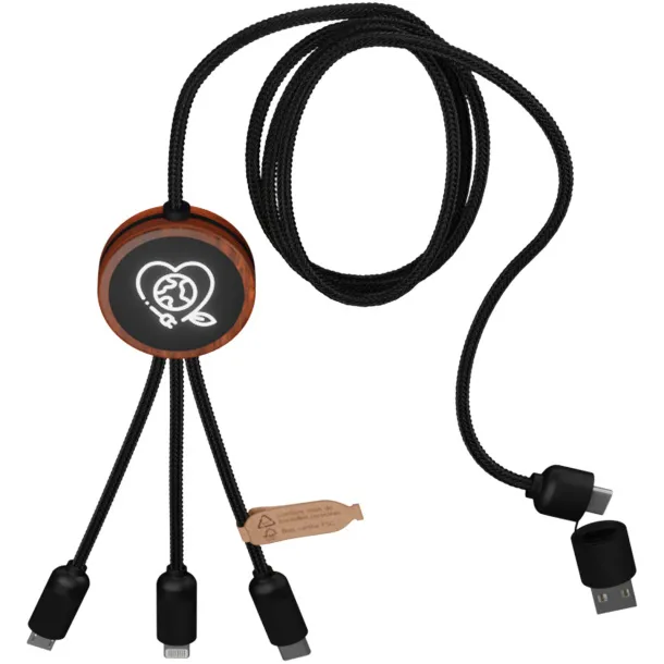 SCX.design C37 3-in-1 rPET light-up logo charging cable with round wooden casing - SCX.design Wood