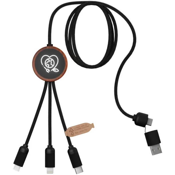 SCX.design C37 3-in-1 rPET light-up logo charging cable with round wooden casing - SCX.design Wood