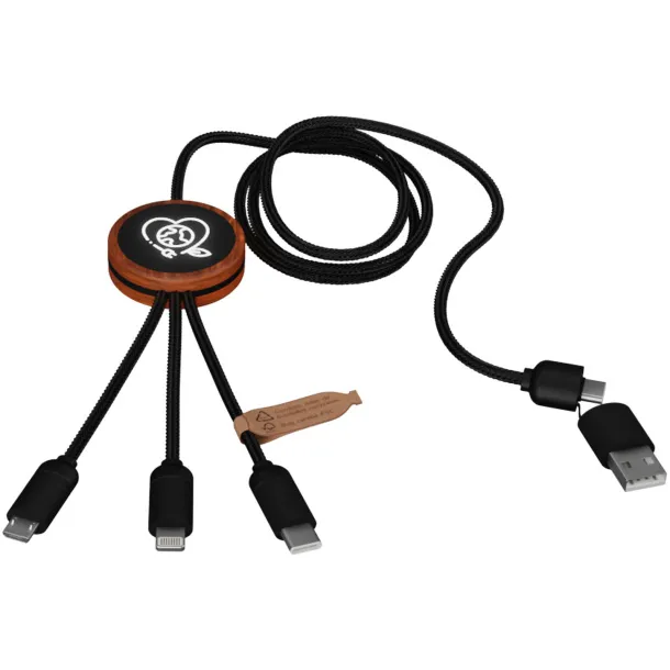 SCX.design C37 3-in-1 rPET light-up logo charging cable with round wooden casing - SCX.design Wood