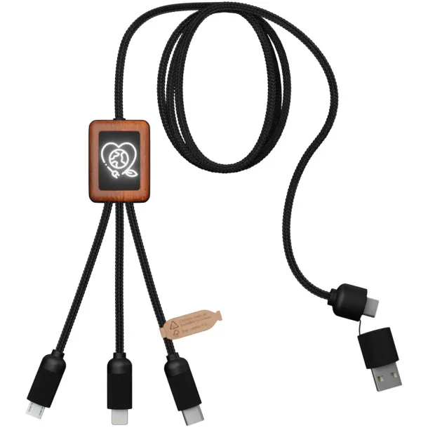 SCX.design C38 3-in-1 rPET light-up logo charging cable with squared wooden casing - SCX.design Crna Wood