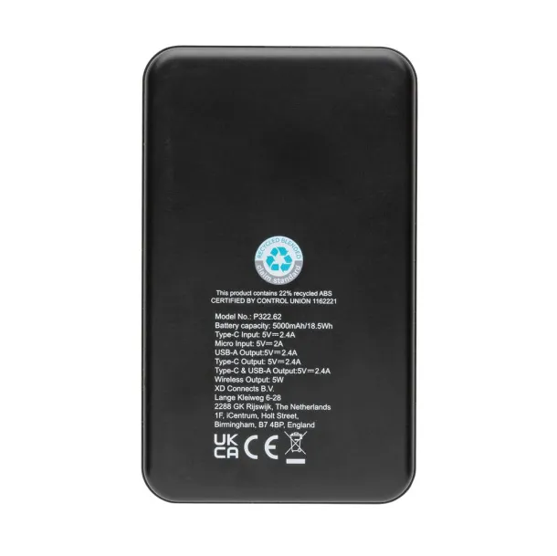  Bežična prijenosna baterija od RCS reciklirane plastike - 5 W, 5 000 mAh - XD Collection Crna