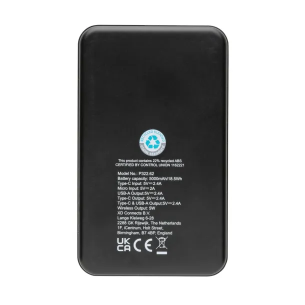  Bežična prijenosna baterija od RCS reciklirane plastike - 5 W, 5 000 mAh - XD Collection Crna
