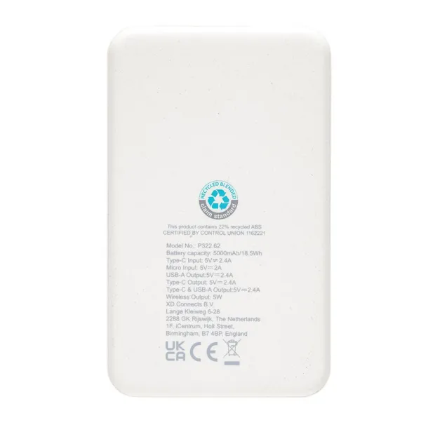  Bežična prijenosna baterija od RCS reciklirane plastike - 5 W, 5 000 mAh - XD Collection Bijela