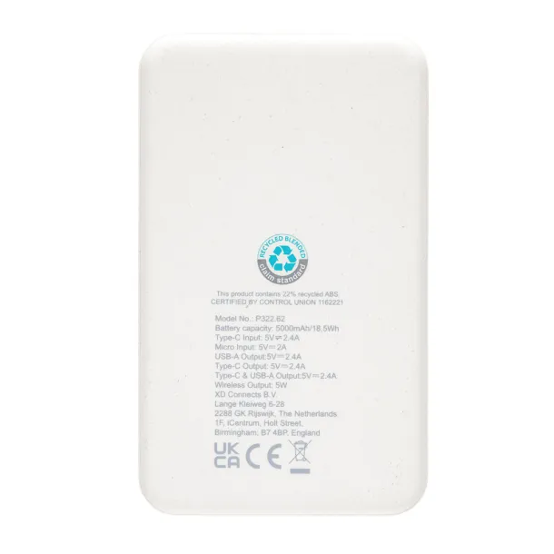 Bežična prijenosna baterija od RCS reciklirane plastike - 5 W, 5 000 mAh - XD Collection Bijela