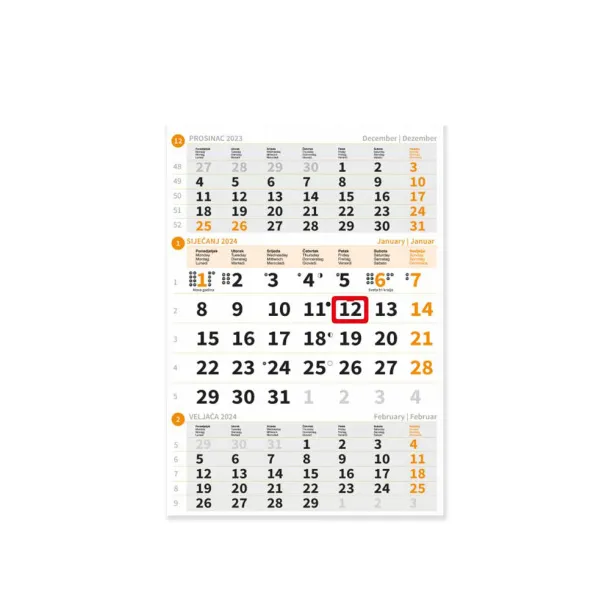  "Poslovni NARANČASTI" three month calendar, 12 sheets, format: 29,5x62cm, PVC bag, date indicator, P/50 NOT BOUND Narančasta