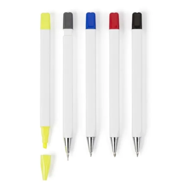  Writing set, pencil, highlighter and ball pens with caps that indicate ink colour white