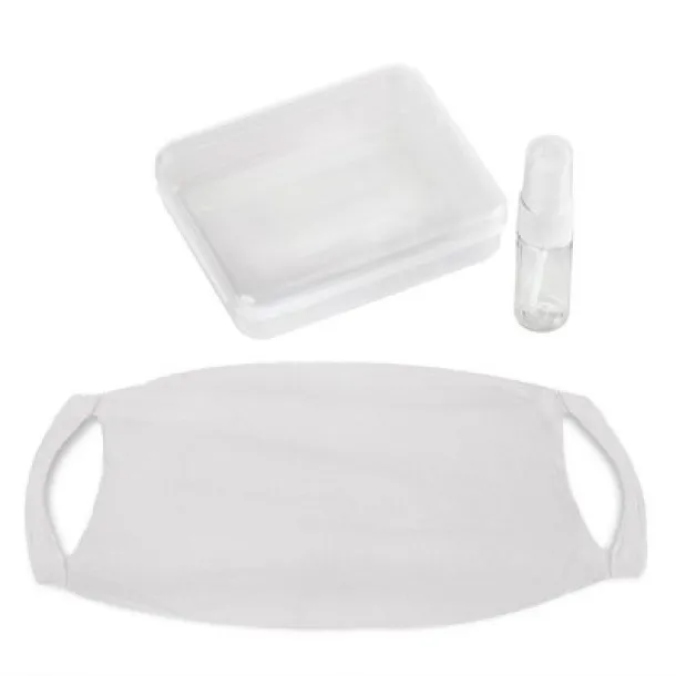  Set in box, spray bottle for disinfectant and reusable face mask with filter space and silver ions Bijela