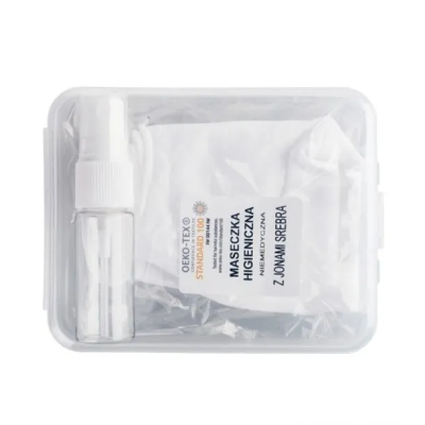  Set in box, spray bottle for disinfectant and reusable face mask with filter space and silver ions Bijela