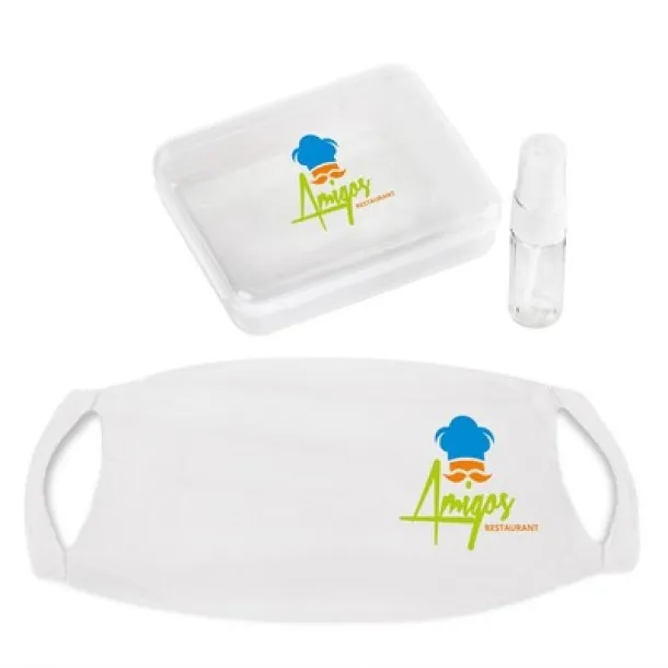  Set in box, spray bottle for disinfectant and reusable face mask with filter space and silver ions white