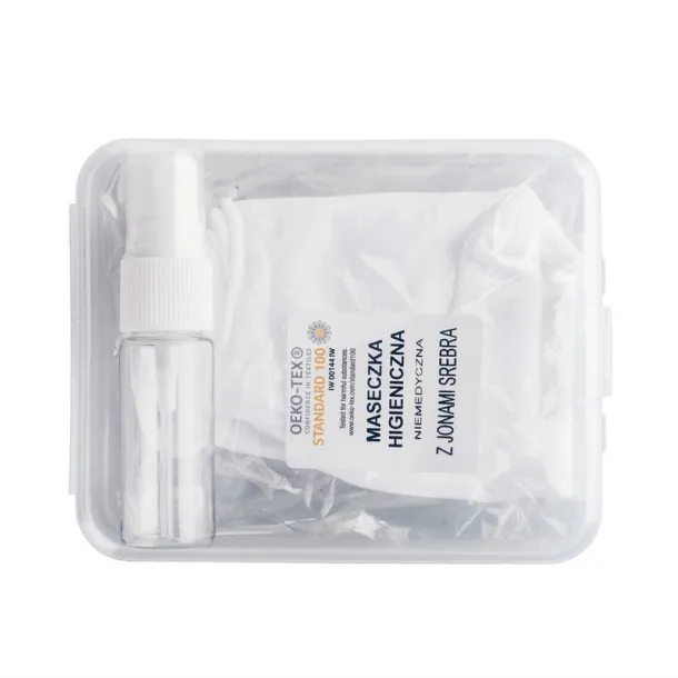  Set in box, spray bottle for disinfectant and reusable face mask with filter space and silver ions Bijela