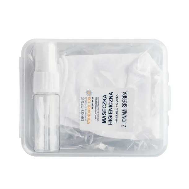  Set in box, spray bottle for disinfectant and reusable face mask with filter space and silver ions Bijela