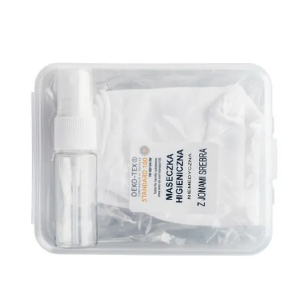  Set in box, spray bottle for disinfectant and reusable face mask with filter space and silver ions Bijela