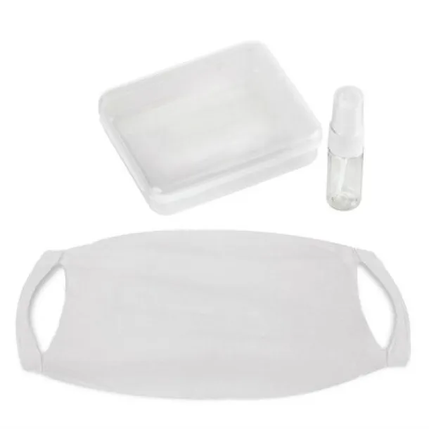  Set in box, spray bottle for disinfectant and reusable face mask with filter space and silver ions Bijela