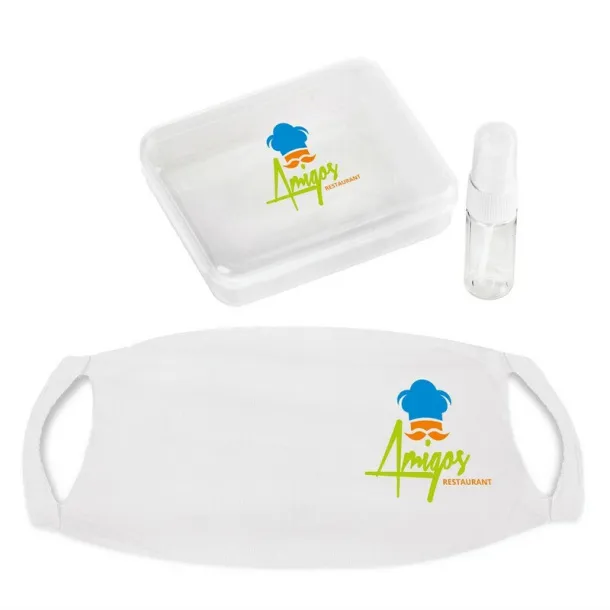  Set in box, spray bottle for disinfectant and reusable face mask with filter space and silver ions white