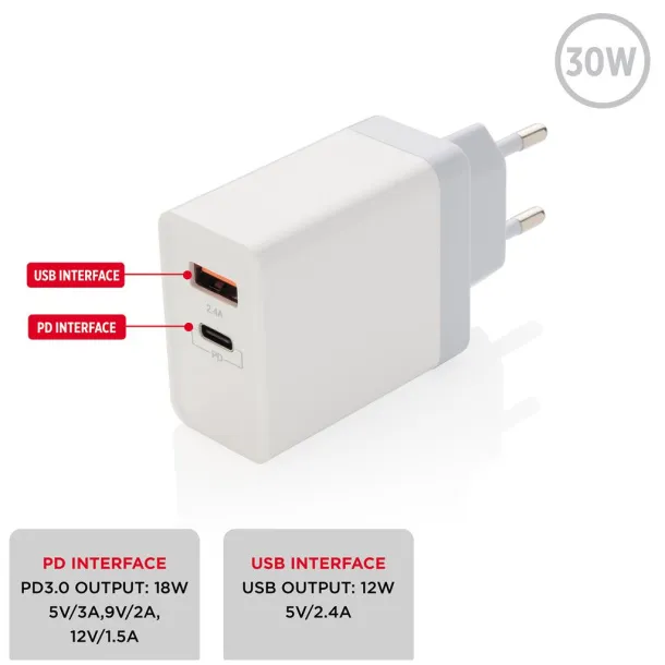 30W Fast wall charger dual output with PD White  30W Fast wall charger dual output with PD White