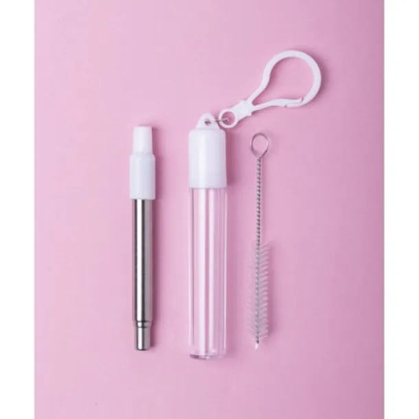  Extendable, reusable drinking straw, silicone mouthpiece and cleaning brush white