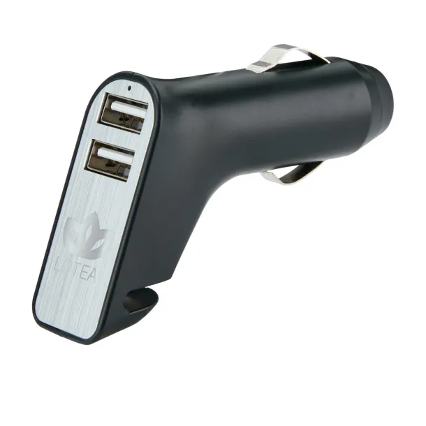  Dual port car charger with belt cutter and hammer - XD Collection Black Silver