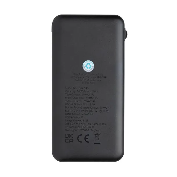  Lockhart prijenosna baterija od RCS reciklirane plastike s integriranim kablovima, 10 000 mAh - XD Collection Crna