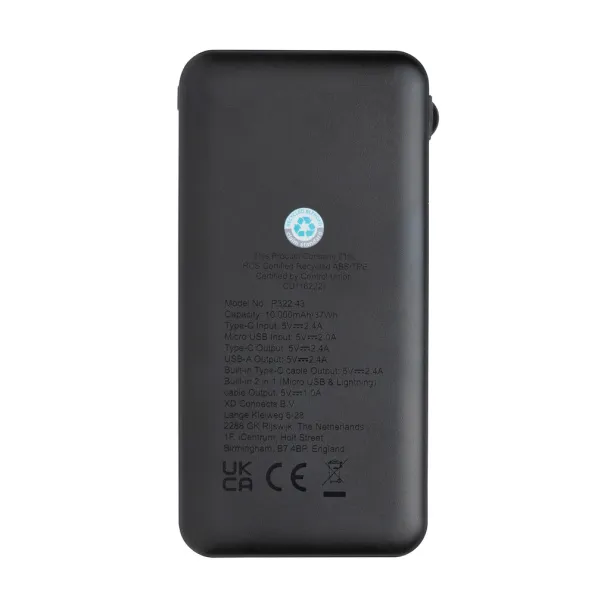  Lockhart prijenosna baterija od RCS reciklirane plastike s integriranim kablovima, 10 000 mAh - XD Collection Crna