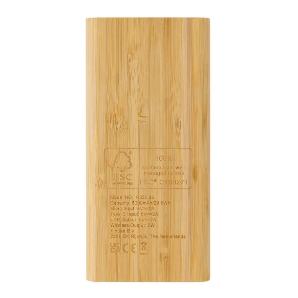 FSC® bežična prijenosna baterija od bambusa, 8 000 mAh - XD Collection Smeđa