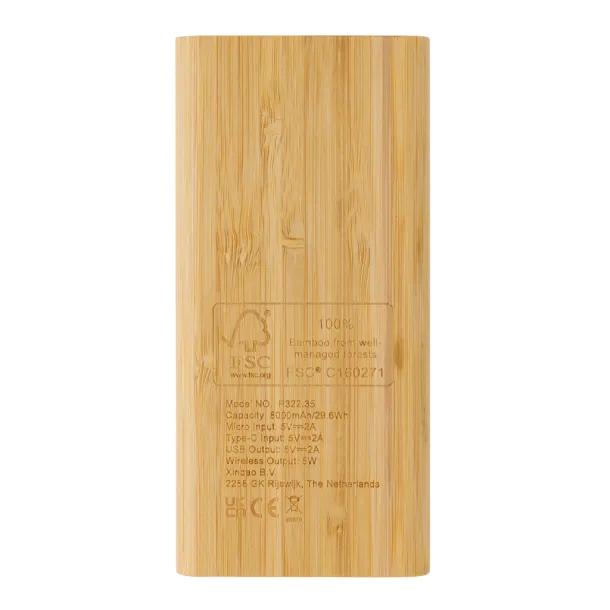  FSC® bežična prijenosna baterija od bambusa, 8 000 mAh - XD Collection Smeđa
