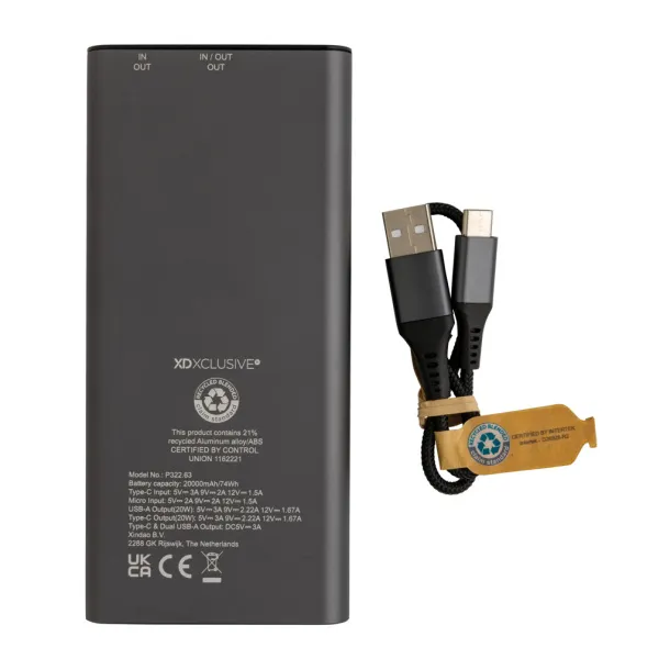  Terra prijenosna baterija od RCS recikliranog aluminija - 20 W, 20 000 mAh - XD Xclusive Siva