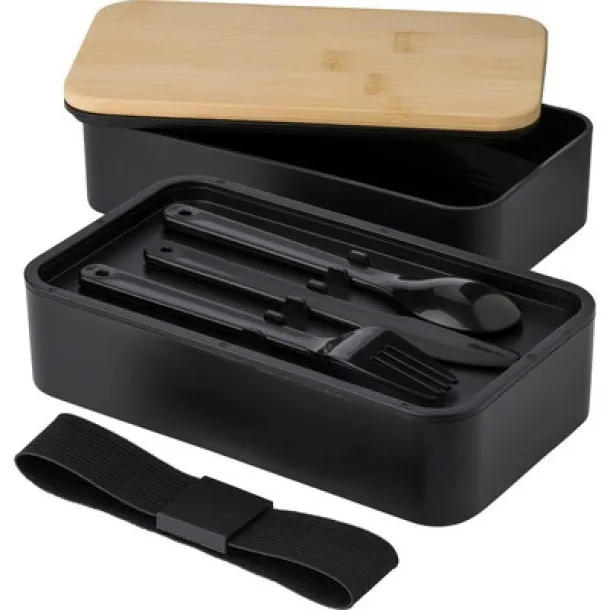  Lunch boxes, 2x400 ml, bamboo lid, cutlery black