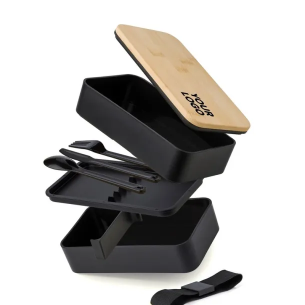  Lunch boxes, 2x400 ml, bamboo lid, cutlery Crna