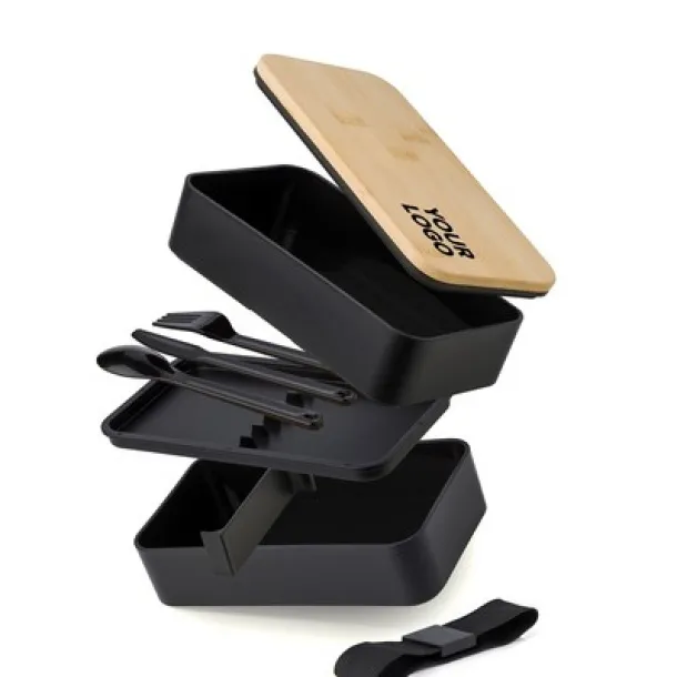  Lunch boxes, 2x400 ml, bamboo lid, cutlery Crna