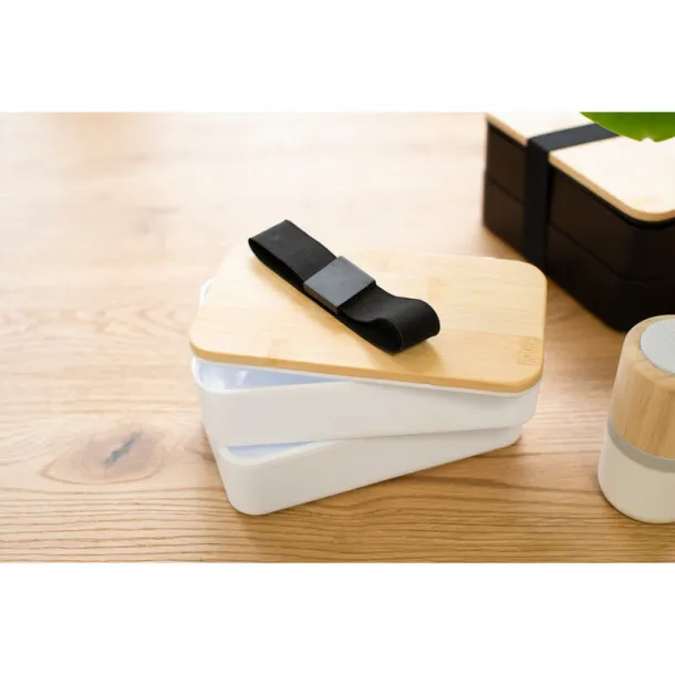  Lunch boxes, 2x400 ml, bamboo lid, cutlery white