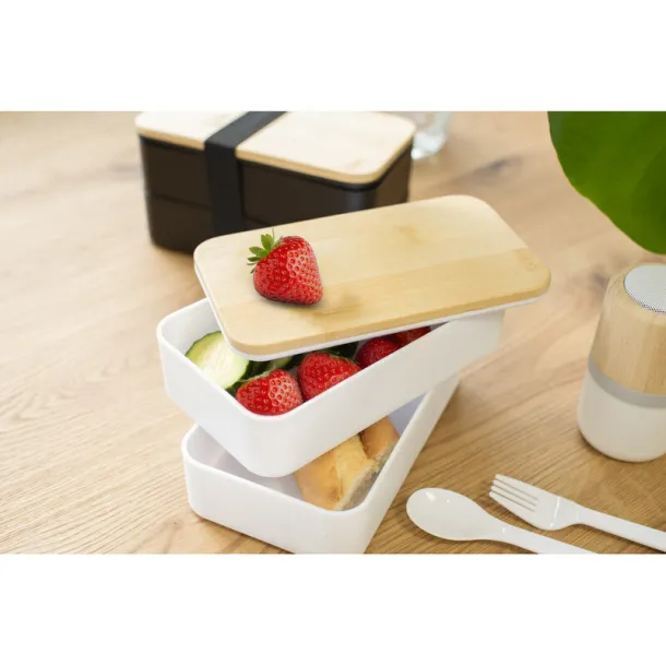  Lunch boxes, 2x400 ml, bamboo lid, cutlery white