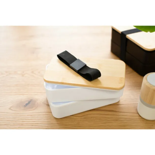  Lunch boxes, 2x400 ml, bamboo lid, cutlery white