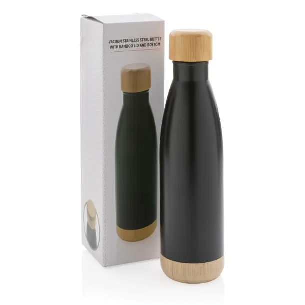  Vakuum boca od nehrđajućeg čelika s poklopcem i dnom od bambusa, 700 ml - XD Collection Crna