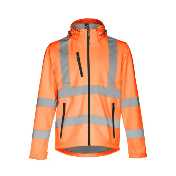 ZAGREB WORK High-visibility softshell jacket for men, with removable hood Hexachrome orange