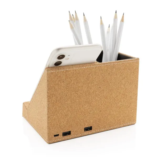  Cork pen holder and 5W wireless charger - XD Collection Brown 