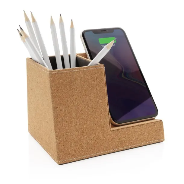  Cork pen holder and 5W wireless charger - XD Collection Brown 