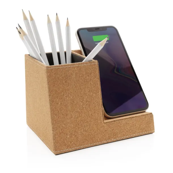  Cork pen holder and 5W wireless charger - XD Collection Brown 