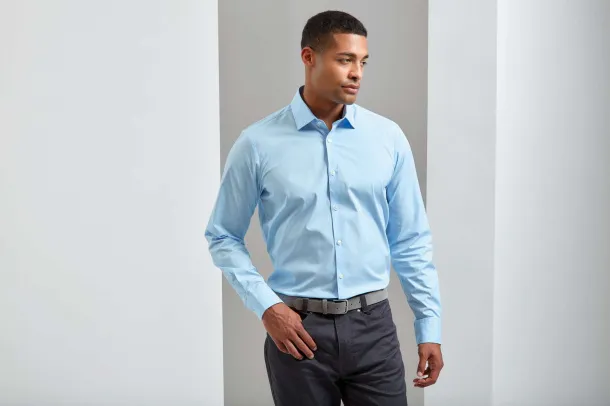  MEN'S STRETCH-FIT COTTON POPLIN LONG SLEEVE SHIRT - Premier Striped Pale Blue