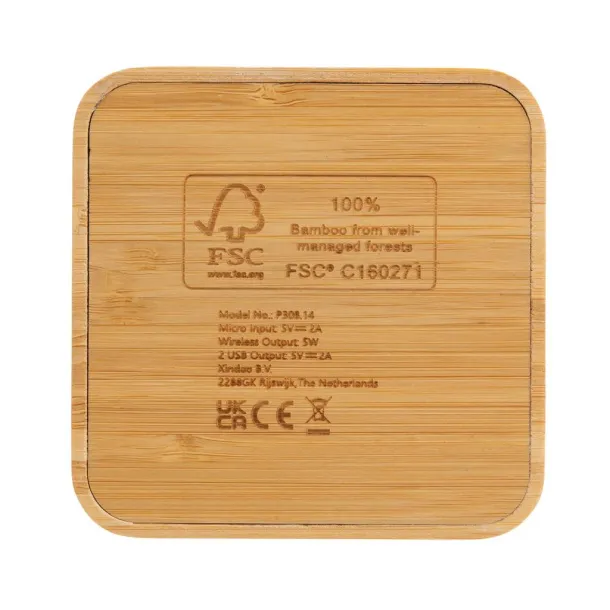  FSC® bežični punjač s USB-om od bambusa 5W - XD Collection Smeđa 