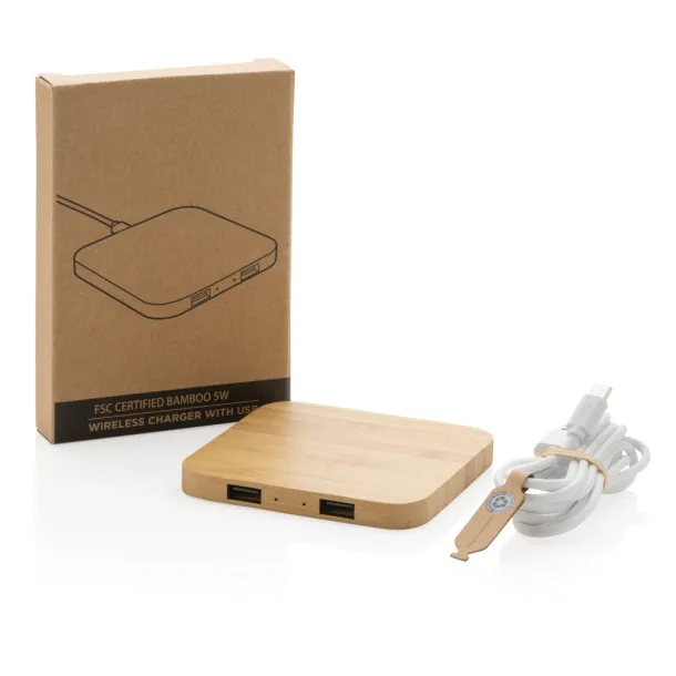  FSC® certified bamboo 5W wireless charger with USB - XD Collection Brown 